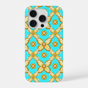 Turquoise Butterfly Luxe ✨ Gold Ornate Motif Pearl iPhone 15 Pro Case