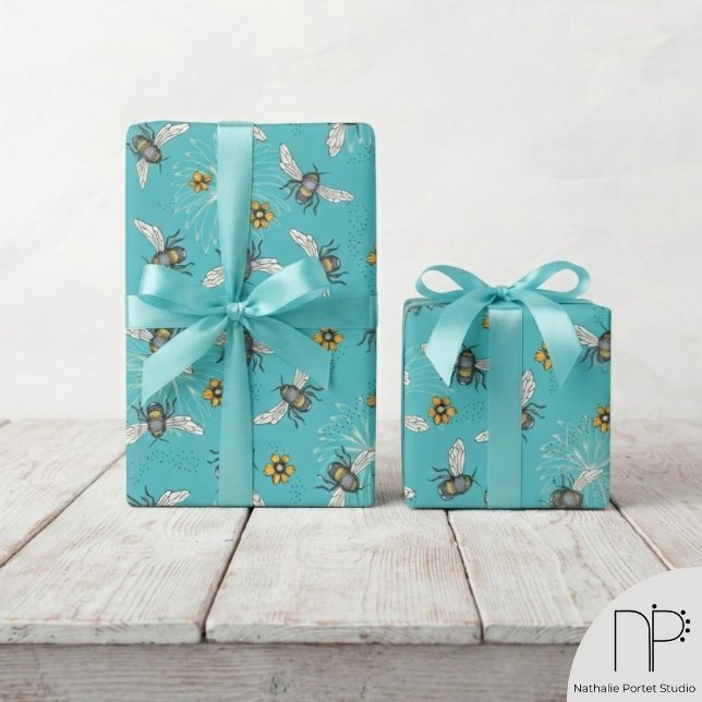 Turquoise Buzzing Spring Summer Honeybee Wrapping  Paper (This Turquoise Buzzing Spring Summer Honeybee Wrapping Paper features hand-drawn bee art.)