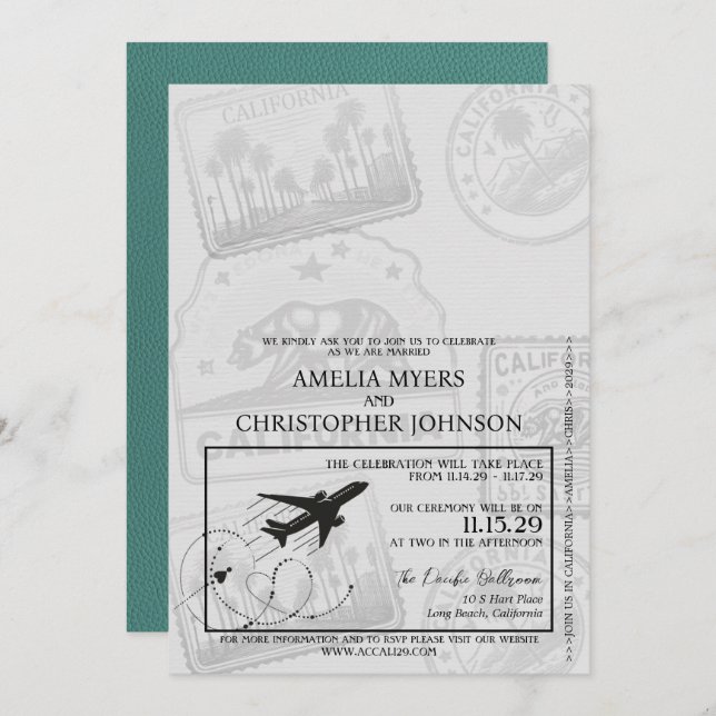 Turquoise California Passport Wedding Invitation (Front/Back)