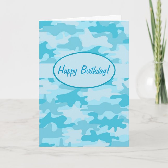 Turquoise Camo Camouflage Happy Birthday Custom Card (Front)
