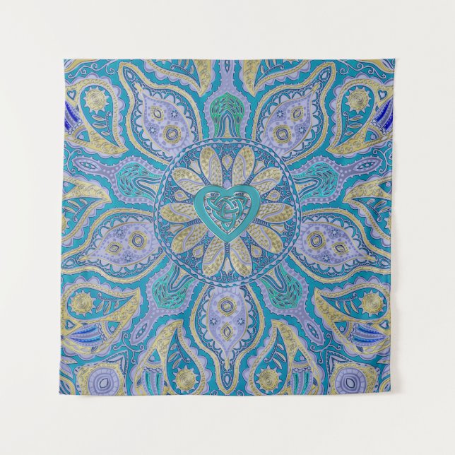 Turquoise Celtic Heart Mandala Wall Tapestry (Front)