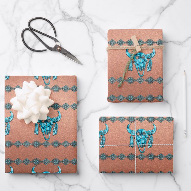 Turquoise Ceremonial Buffalo Skull  Wrapping Paper Sheet (Front)