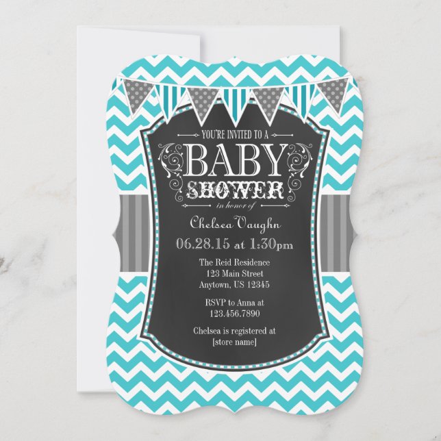 Turquoise Chalkboard Chevron Baby Shower Invite (Front)