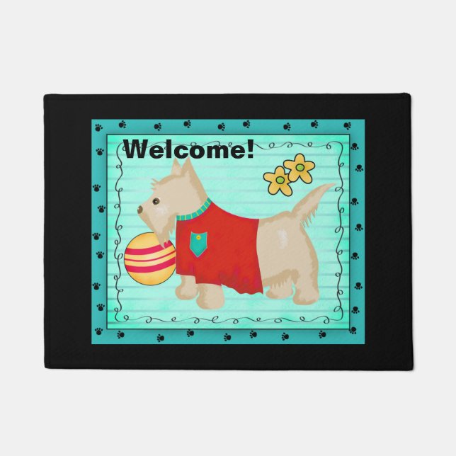 Turquoise Champagne Beige Scottie Dog Welcome Doormat (Front)
