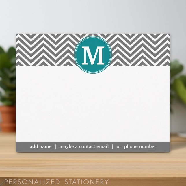 Turquoise Charcoal Chevrons Monogram Thank You Card (Personalized Stationery)