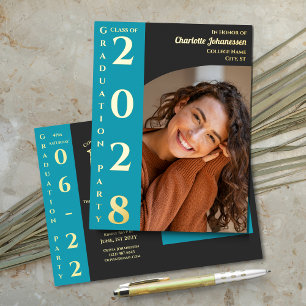 Turquoise Charcoal Modern Graduation Party Foil Invitation Postcard