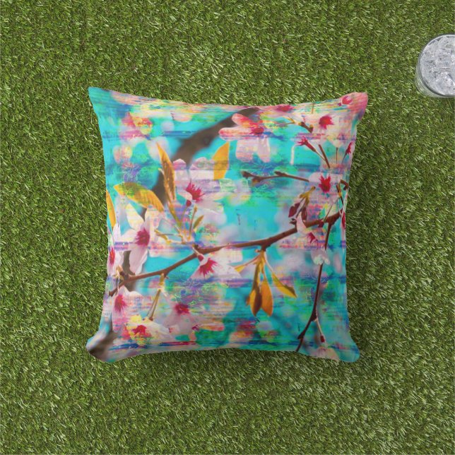 Turquoise Cherry Blossom Throw Pillow (Grass)