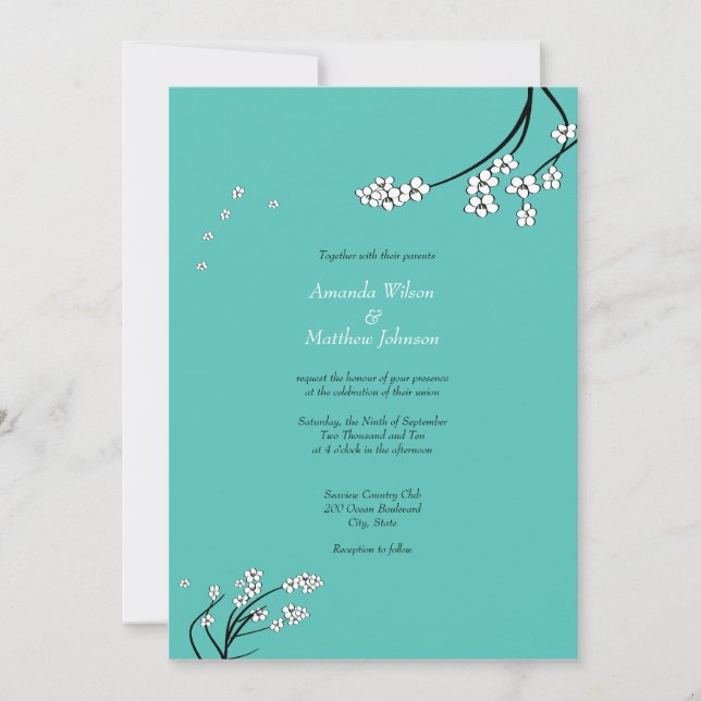 Turquoise Cherry Blossom Wedding Invitations (Front)