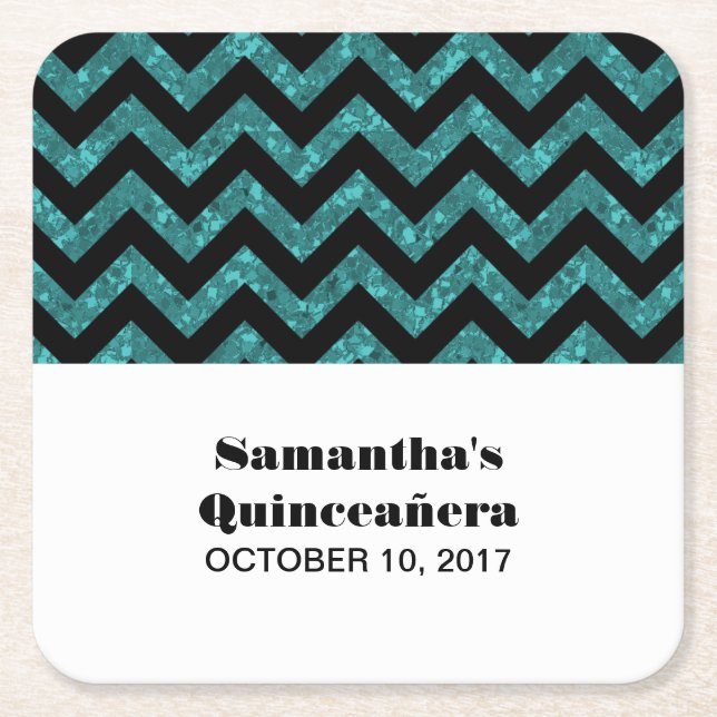 Turquoise Chevron Glitter Quinceañera Coasters (Front)