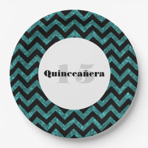 Turquoise Chevron Glitter Quinceañera Paper Plates