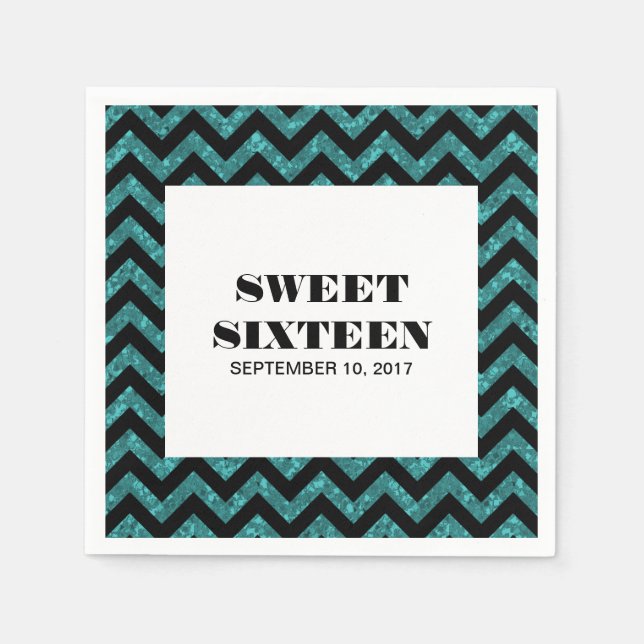 Turquoise Chevron Glitter Sweet 16 Paper Napkins (Front)