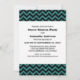 Turquoise Chevron Glitter Sweet 16 Party Invite