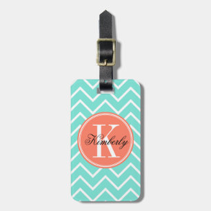 Turquoise Chevron with Orange Monogram Luggage Tag