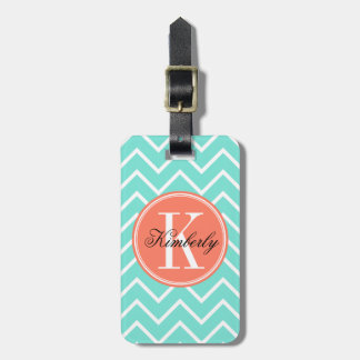 Turquoise Chevron with Orange Monogram Luggage Tag