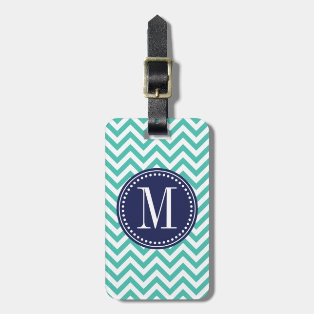 Turquoise Chevron Zigzag Personalised Monogram Luggage Tag (Front Vertical)