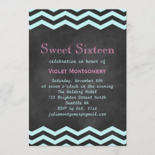 Turquoise Chevrons on Chalkboard Sweet 16 Invite