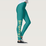 Turquoise Chic Stylish Custom Name Workout Sports Leggings<br><div class="desc">Custom, personalised, beautiful, elegant faux gold on dark turquoise typography script, cool, chic, stylish, modern, trendy, breatheable, hand sewn, womens full length fashion travel party workout sports yoga gym running leggings pants, that stretches to fit your body, hugs in all the right places, bounces back after washing, and doesn't lose...</div>