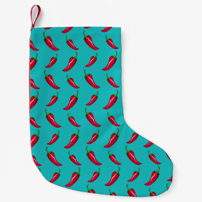 Turquoise chilli peppers pattern small christmas stocking (Front)