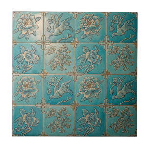 Turquoise Chinoiserie Relief Pattern Ceramic Tile
