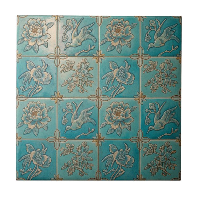Turquoise Chinoiserie Relief Pattern Ceramic Tile (Front)