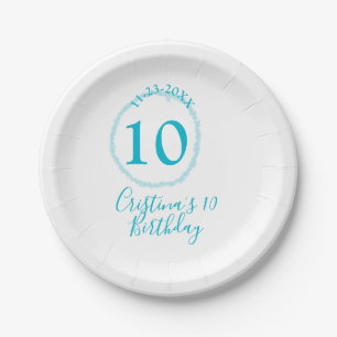 Turquoise circle. Round glitter 10th birthday bold Paper Plate