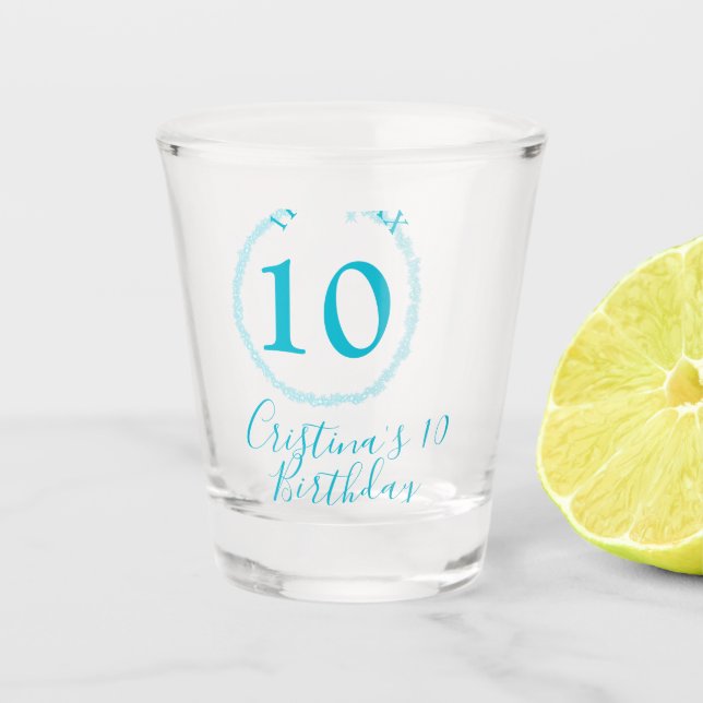 Turquoise circle. Round glitter 10th birthday bold Shot Glass (Front)
