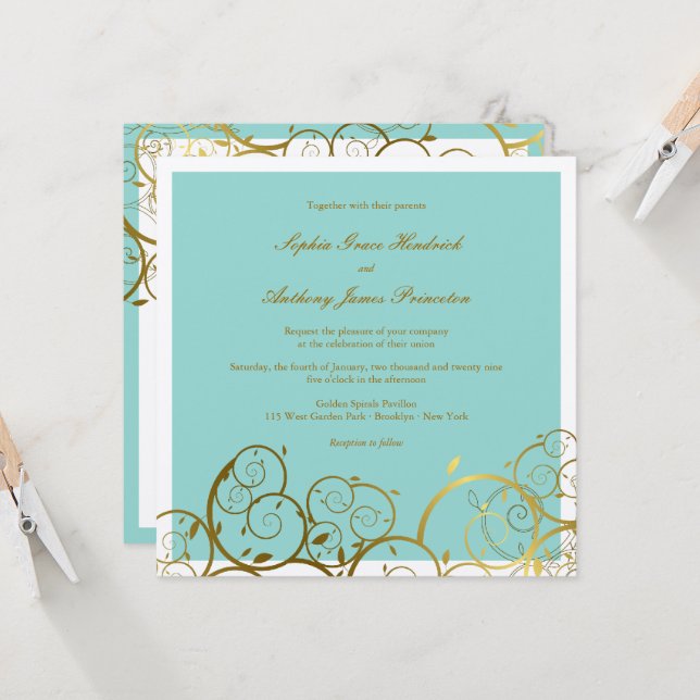 Turquoise & Classy Golden Spirals Elegant Wedding Invitation (Front/Back In Situ)