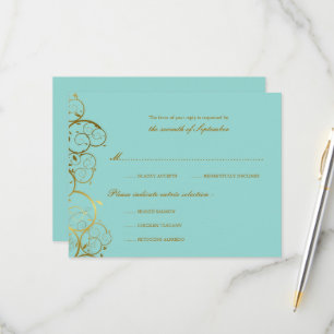 Turquoise & Classy Golden Spirals Elegant Wedding RSVP Card