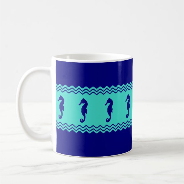 Turquoise Coastal Seahorses Stripes Coffee Mug (Left)