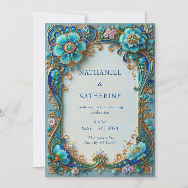 Turquoise Cobalt Filigree Wedding Invitation (Front)
