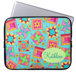 Turquoise Colourful Patchwork Quilt Block Custom Laptop Sleeve