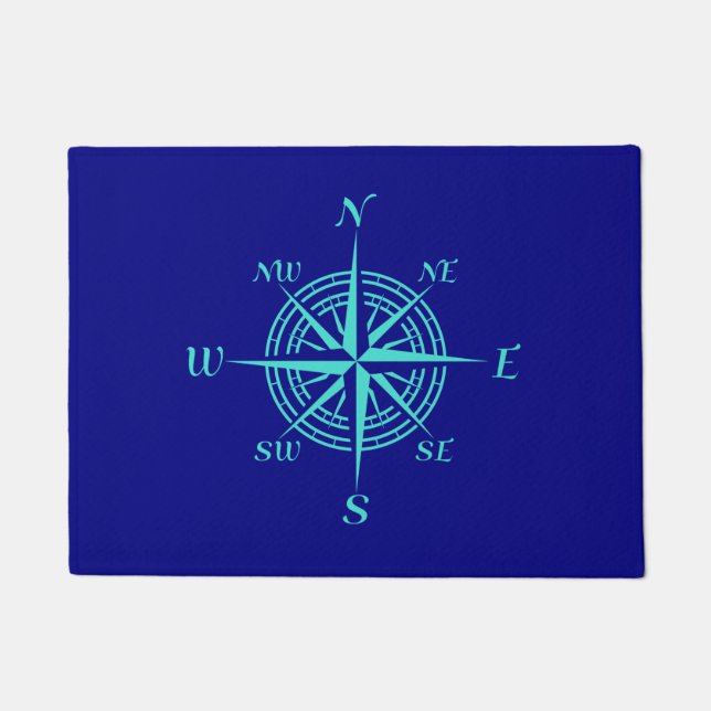 Turquoise Compass Rose On Navy Blue Coastal Decor Doormat (Front)