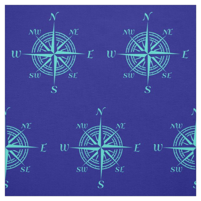 Turquoise Compass Rose On Navy Blue Coastal Decor Fabric (Swatch)