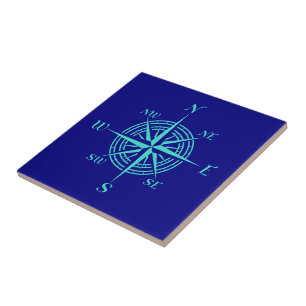Turquoise Compass Rose On Navy Blue Coastal Decor Tile