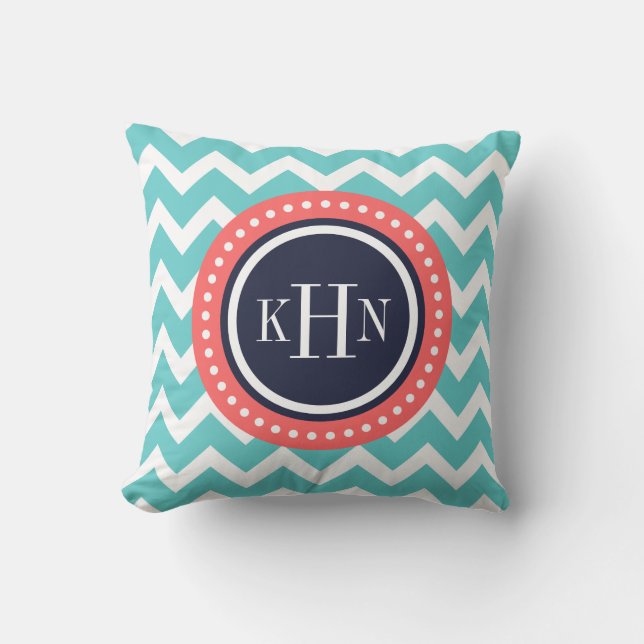 Turquoise Coral and Navy Chevron Monogram Cushion (Front)