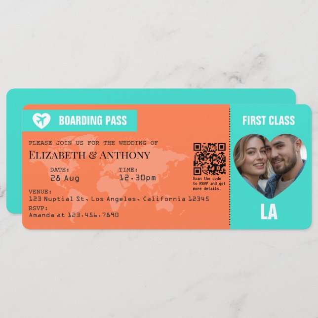 Turquoise & Coral Boarding Pass Wedding Invitation (Front/Back)
