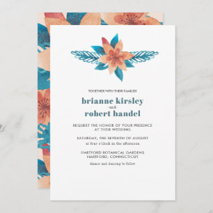 Turquoise Coral Floral Watercolor Wedding Invite