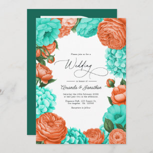 Turquoise & Coral Floral Wedding Invitation