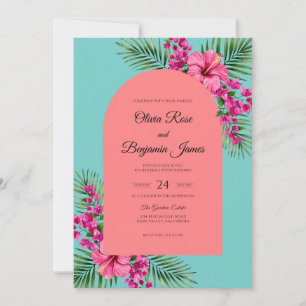 Turquoise Coral Hibiscus Eucalyptus Wedding Invitation