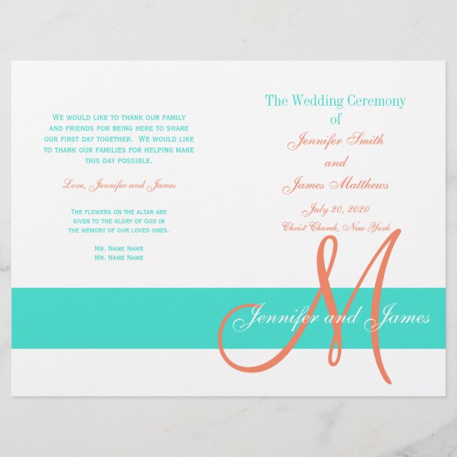 Turquoise Coral Modern Wedding Program (Front)