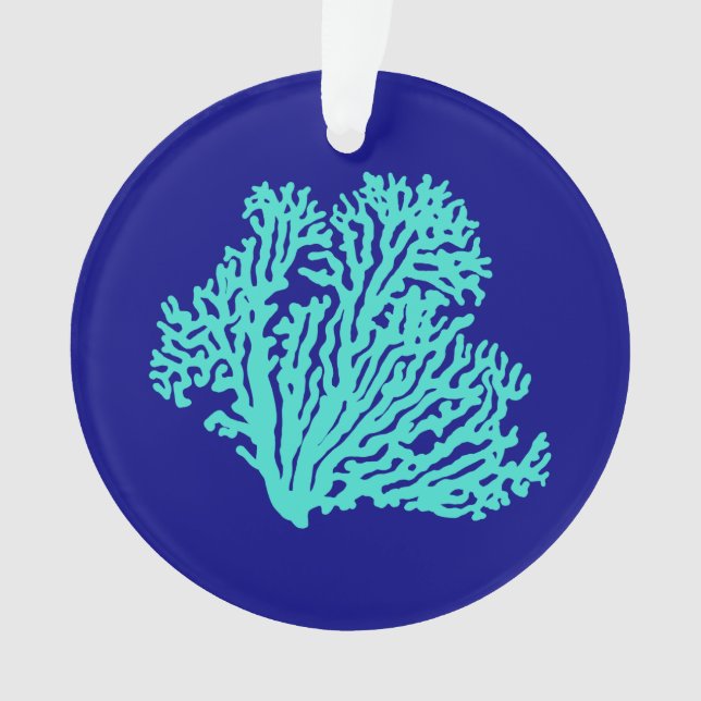 Turquoise Coral On Navy Blue Coastal Decor Ornament (Front)