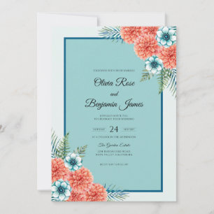 Turquoise Coral Tropical Soft Eucalyptus Wedding Invitation