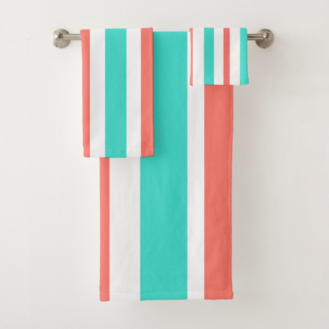 Turquoise Coral White Stripes Bath Towel Set (Insitu)