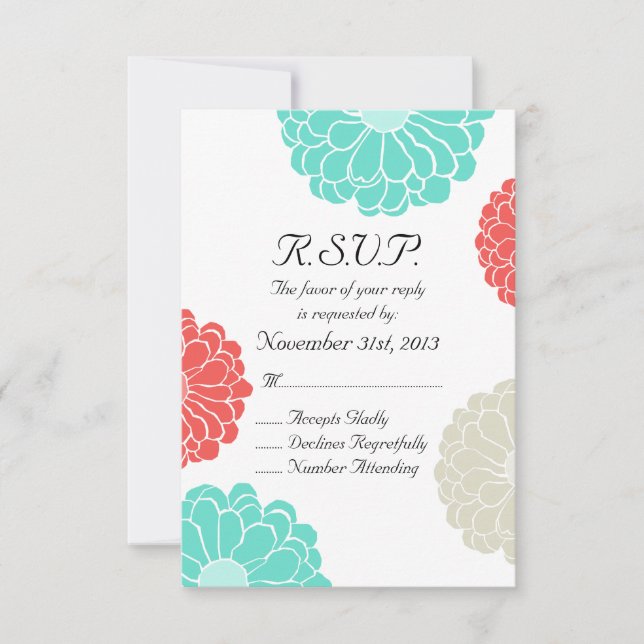 Turquoise Coral Zinnia Flower Wedding RSVP (Front)