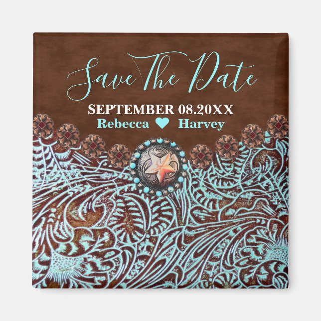 turquoise country western wedding save the date magnet (Front)