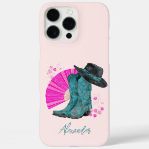 Turquoise Cowboy Boots & Japanese Sakura Blossoms iPhone 16 Pro Max Case