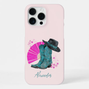 Turquoise Cowboy Boots & Japanese Sakura Blossoms iPhone 16 Pro Max Case