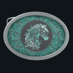 Turquoise cowgirl floral tooled leather horse head belt buckle<br><div class="desc">Turquoise cowgirl floral tooled leather design with a floral horse head,  western style leather design. Available in more colours. For horse lovers,  equestrians.</div>