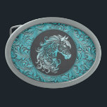 Turquoise cowgirl floral tooled leather horse head belt buckle<br><div class="desc">Turquoise blue cowgirl floral tooled leather design with a floral horse head,  western style leather design. Available in more colours. For horse lovers,  equestrians.</div>