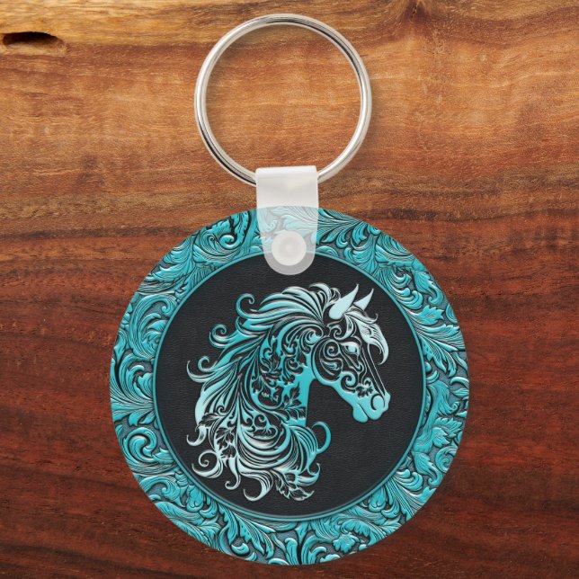 Turquoise cowgirl floral tooled leather horse head key ring (Front)